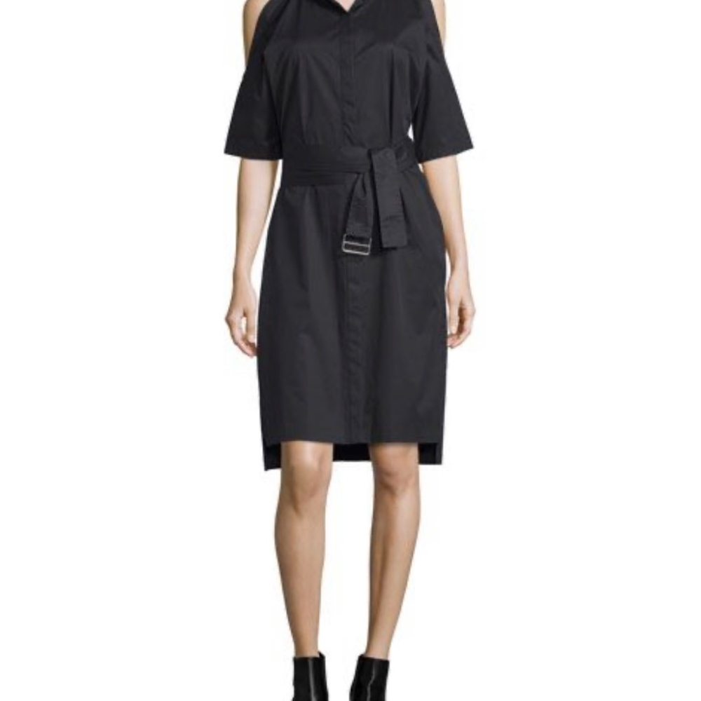 DKNY Black Cold Shoulder Cotton Shirt Dress With Belt, Size L - Picture 7 of 16